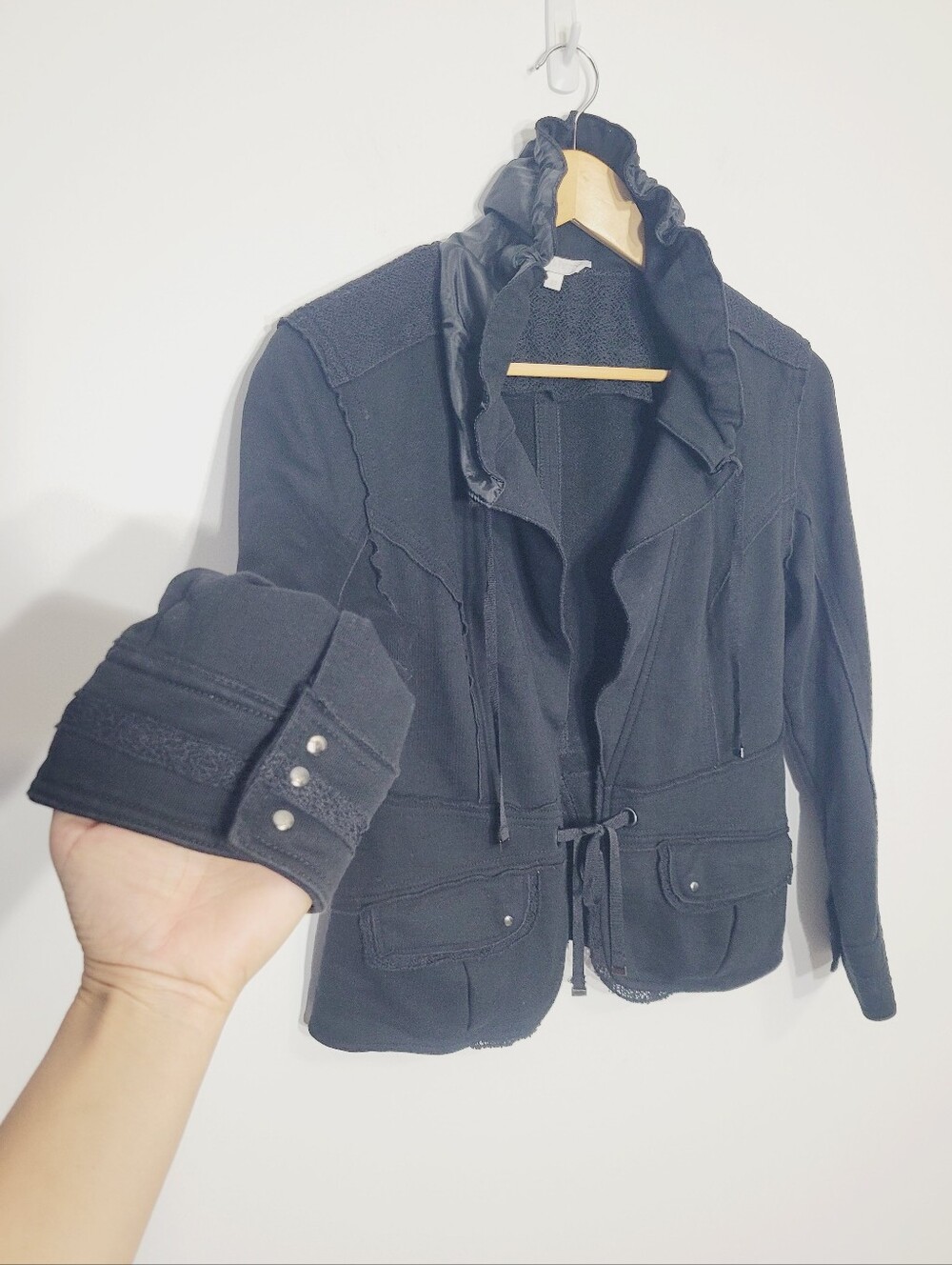 Salt & Pepper Black Cotton Blend Adjustable High Collar Lace Trims Blazer Jacket - Picture 4 of 13